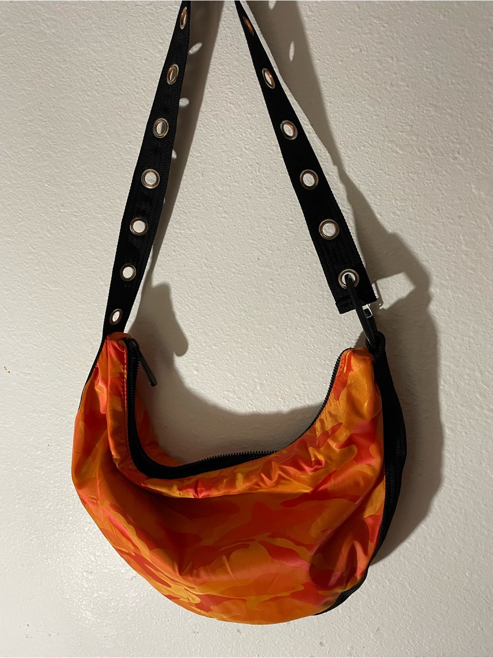Urban Outfitters Orange and Yellow Camo Shoulder Bag with Black Grommet Strap